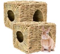 Par de hierba plegable tejida animal choza conejito casa juego escondite cama heno alfombra para conejos, cobayas, jerbos, hámster y animales pequeños