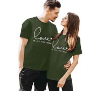 Par de mujeres manga corta camiseta verano casual día de San Valentín playa vacaciones carta impresión tops, Verde militar., L