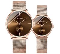 Par de Relojes de Cuarzo para Hombre y Mujer, Estilo Casual, Correa de Malla de Acero Inoxidable, Relojes de Moda, marrón, Relojes de Cuarzo