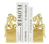 Par de Sujetalibros Dorados Decorativos - Sujetalibros de Resina Antideslizantes para Estanterías, Accesorios para Hogar (Salón/Oficina/Biblioteca), Escultura de Mujer Pensadora Filosófica