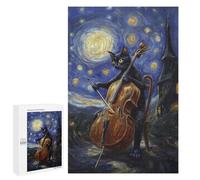 para Adultos 1000 PCS Rompecabezas Cat Playing Cello Under Starry Night Rompecabezas para Adolescentes Juego Práctico Decoración del Hogar Juego Desafiante Regalos 1000 PCS
