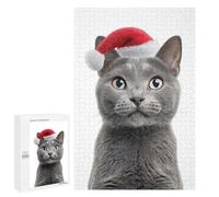 para Adultos 1000 PCS Rompecabezas Chartreux Cat with Santa Hat Rompecabezas para Adolescentes Juego Práctico Decoración del Hogar Juego Desafiante Regalos 1000 PCS