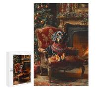 para Adultos 1000 PCS Rompecabezas Christmas Dachshund in Armchair by Fireplace Rompecabezas para Adolescentes Juego Práctico Decoración del Hogar Juego Desafiante Regalos 1000 PCS