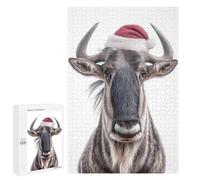 para Adultos 1000 PCS Rompecabezas Christmas Wildebeest with Santa Hat Rompecabezas para Adultos Juegos Relajantes para La Diversión Familiar Juego Desafiante Regalos 1000 PCS