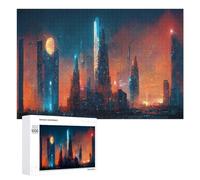 para Adultos 1000 PCS Rompecabezas Neon Skyscrapers Under A Full Moon Rompecabezas para Adultos Juguetes Antiestrés Aliviador del Estrés Juego Desafiante Regalos 1000 PCS