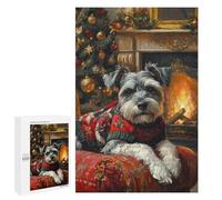 para Adultos 1000 PCS Rompecabezas Schnauzer in Christmas Sweater by Fireplace Cozy Christmas Dog Art Rompecabezas para Adolescentes Juego Práctico Decoración del Hogar Juego Desafiante Regalos 1000