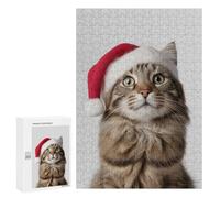 para Adultos 300 PCS Rompecabezas American Bobtail Cat with Santa Hat Rompecabezas para Adultos Juego Familiar Corte De Precisión Cumpleaños Y Navidad 300 PCS