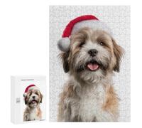 para Adultos 300 PCS Rompecabezas Cute Lhasa Apso Dog Wearing Santa Hat Rompecabezas para Adultos Juego Familiar Corte De Precisión Cumpleaños Y Navidad 300 PCS