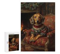 para Adultos 300 PCS Rompecabezas Dachshund in Christmas Sweater by Fireplace Cozy Holiday Dog Wall Art Rompecabezas para Adultos Juego Familiar Corte De Precisión Cumpleaños Y Navi