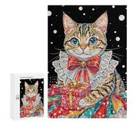 para Adultos 300 PCS Rompecabezas Festive Cat with Gift Rompecabezas para Adultos Juego Familiar Corte De Precisión Cumpleaños Y Navidad 300 PCS