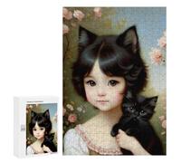 para Adultos 300 PCS Rompecabezas Girl with Black Kitten Rompecabezas para Adultos Juego Familiar Corte De Precisión Cumpleaños Y Navidad 300 PCS