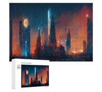 para Adultos 300 PCS Rompecabezas Neon Skyscrapers Under A Full Moon Rompecabezas para Adultos Juguetes Antiestrés Aliviador del Estrés Juego Desafiante Regalos 300 PCS