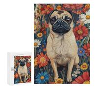 para Adultos 300 PCS Rompecabezas Pug in A Flower Field Pug Surrounded by Blooms Dog Wall Art Print Rompecabezas para Adultos Juego Familiar Corte De Precisión Cumpleaños Y Navidad