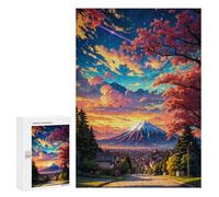 para Adultos 300 PCS Rompecabezas Sakura Mount Fuji Sunset Anime Rompecabezas para Adultos Juegos Relajantes para La Diversión Familiar Juego Desafiante Regalos 300 PCS