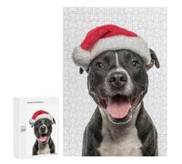 para Adultos 300 PCS Rompecabezas Staffordshire Bull Terrier Dog with Santa Hat Rompecabezas para Adultos Juego Familiar Corte De Precisión Cumpleaños Y Navidad 300 PCS