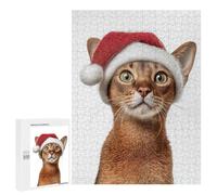 para Adultos 500 PCS Rompecabezas Abyssinian Cat Wearing A Christmas Hat Rompecabezas para Adultos Juego Familiar Corte De Precisión Cumpleaños Y Navidad 500 PCS