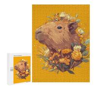 para Adultos 500 PCS Rompecabezas Capybara with Flowers on Yellow Background Rompecabezas para Adultos Juego Familiar Corte De Precisión Actividades Divertidas En Casa 500 PCS