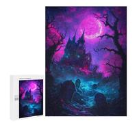 para Adultos 500 PCS Rompecabezas Haunted Mansion Under Neon Moon Rompecabezas para Adultos Juegos Relajantes para La Diversión Familiar Juego Desafiante Regalos 500 PCS