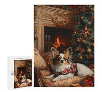 para Adultos 500 PCS Rompecabezas Papillon Dog by Fireplace Elegant Christmas Dog Art Rompecabezas para Adolescentes Juego Práctico Decoración del Hogar Juego Desafiante Regalos 500 PCS