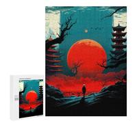 para Adultos 500 PCS Rompecabezas Red Moon Japan Night Rompecabezas para Adolescentes Juego Práctico Decoración del Hogar Juego Desafiante Regalos 500 PCS