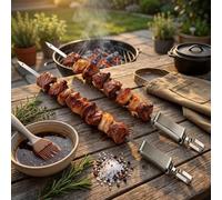 Para brochetas de barbacoa de acero inoxidable de alta resistencia con varilla de empuje, herramientas planas de metal para parrilla Shish Kabob, accesorios reutilizables aptos para lavavajillas para