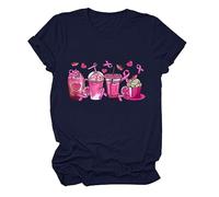 Para camisetas casuales, camiseta de manga corta con cuello redondo, estampado de cáncer de mama, camiseta holgada con motivos navideños, marine, S