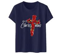 Para camisetas informales, camiseta de manga corta con cuello redondo, estampado navideño, parte superior suelta, decoración navideña, rosa viejo, marine, M