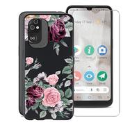 para Doro 8100 Funda + Cristal Templado, KJYF Negro Suave Silicona Cover TPU Carcasa Case Vidrio Templado Protector para Doro 8100 (6,1") - Flor Rosa