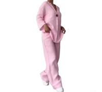 para el salón de lino de color sólido Conjunto de ropa de descanso para mujer Top de manga larga cintura elástica pantalones de pierna ancha primavera otoño ropa (rosa L)