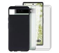 para Google Pixel 6a Funda + 2 Piezas Cristal Templado, KJYF Negro Suave Silicona Cover TPU Carcasa Case Vidrio Templado Protector para Google Pixel 6a (6,1") - Negro