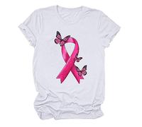para Mujer para Camisetas Casuales Camiseta de Manga Corta con Cuello Camiseta con Estampado de cáncer de Mama Top Suelto (White XL)
