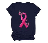 para Mujer para Camisetas Casuales Camiseta de Manga Corta con Cuello Camiseta con Estampado de cáncer de Mama Top Suelto (Navy L)