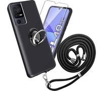 para TCL 40 SE Funda + Cristal Templado - Black Carcasa y Cristales Protector de Pantalla TPU Silicona Suave Caja Cover Tapa Caso Carcasa+ Finger Ring Phone Holder + Phone Lanyard