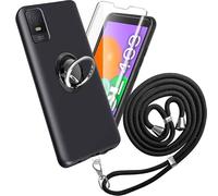 para TCL 403 Funda + Cristal Templado - Black Carcasa y Cristales Protector de Pantalla TPU Silicona Suave Caja Cover Tapa Caso Carcasa+ Finger Ring Phone Holder + Phone Lanyard