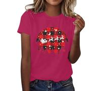 para tops casuales, camiseta de manga corta con cuello redondo, estampado navideño, camiseta holgada, suéter de gel de sangre, Rosa intenso., L