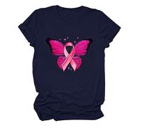 para tops casuales, camiseta de manga corta cuello redondo, estampado de cáncer de mama, parte superior holgada, peto azul para mujer, marine, XXL