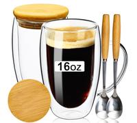 ParaCity Juego de 2 tazas de capuchino de 470 ml, vasos para latte macchiato con cuchara y tapa, vasos de doble pared, tazas de café de vidrio de borosilicato, vasos de café para lavavajillas