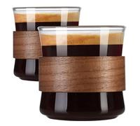 ParaCity Juego de 2 tazas de espresso con anillo de madera, vaso de chupito de borosilicato alto, taza de chupito transparente pequeña Expresso, accesorios de espresso (grande)