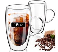 PARACITY Juego de 2 tazas de vidrio de doble pared de 16 onzas, tazas de café de vidrio de borosilicato transparente de 470 ml, vasos de café con asa, perfectos para capuchino, latte, espresso