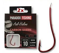 Paradox Fishing Anguila anzuelo 10# Set (2 x 10 unidades) | Ganchos para gusanos | Ganchos de carbono rojos con 2 púas en el muslo, 50 cm de longitud y 0,20 mm de alto rendimiento para anguilas