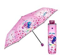 Paragua Plegable Rosa con Ilustración de Unicornio para Niñas - Pequeño Paragua con Estrellas Coloreadas - Mini Sombrilla Antiviento con Detalles Reflectantes - Diámetro 91 cm (Estrellas Coloreadas)