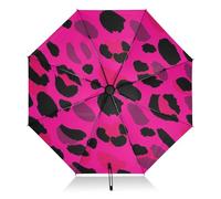 Paraguas compacto plegable con estampado de leopardo, color rosa brillante, resistente al viento, negro, para protección solar, paraguas invertido resistente, con cubierta para lluvia y sol