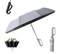 Paraguas con Hebilla de Anilla, Paraguas Plegable para Lluvia y Sol, Automático, con Protección Uv, Resistente Al Viento, con Banda de Seguridad Reflectante y Asa de Mosquetón(Gray)
