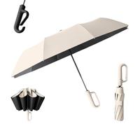 Paraguas con Hebilla de Anilla, Paraguas Plegable para Lluvia y Sol, Automático, con Protección Uv, Resistente Al Viento, con Banda de Seguridad Reflectante y Asa de Mosquetón(Beige)