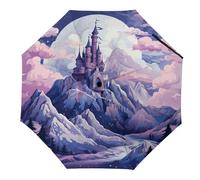Paraguas de viaje compacto con diseño de nubes sobre el castillo, resistente al viento, manual y automático, para lluvia y protección solar UV, plegable, con estuche, portátil, apertura y cierre aut