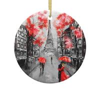 Paraguas para amantes de la Torre Eiffel, adornos de Navidad, decoraciones de Navidad, adornos colgantes de árbol de Navidad, regalo de recuerdo festivo redondo de cerámica para decoraciones de
