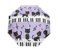 Paraguas Piano Notas de música Gato Animal a prueba de viento 3 pliegues Paraguas de apertura automática para mujeres hombres niñas niños Unisex ultraligero viaje al aire libre paraguas compacto