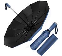 Paraguas Plegable Automático, Paraguas Plegable Antiviento, Paraguas Grande 12 Varillas para Hombres Mujer, Diámetro 105cm (Azul)