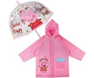 Paraguas Transparente Infantil y Chubasquero Pack Peppa Pig - Paraguas Infantil Burbuja y Chubasquero Niña Impermeable con Capucha | Ropa de Agua Impermeable Rosa Niñas para Vuelta al Cole