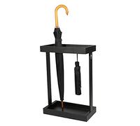 Paragüero de metal negro con ganchos adicionales, diseño rectangular grande y bandeja antigoteo, perfecto para casa, oficina, entrada